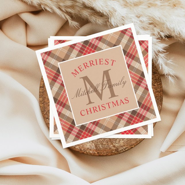 Rustic Tan Red Tartan Play jul Monogram Pappersservett (Skapare uppladdad)
