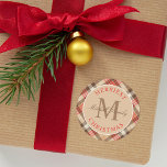 Rustic Tan Red Tartan Play jul Monogram Runt Klistermärke<br><div class="desc">Konstruktionen av helgdag-kuvert har en rustik elegant beige,  tan,  rött och brun tartan i mönster med anpassningsbarna "Merriest jul"-familjens monogramdesign som kan vara personlig.</div>