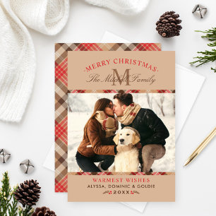 Rustic Tan Tartan Play jul Monogram Photo Julkort