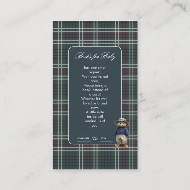 Rustic Tartan Bear Baby Shower Bokar för Baby Tilläggskort (Framsida)