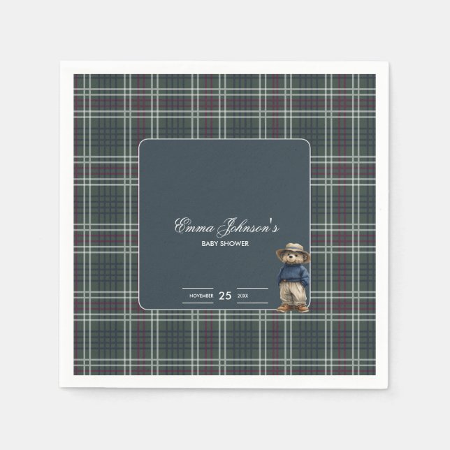 Rustic Tartan Bear Baby Shower Pappersservett (Framsidan)