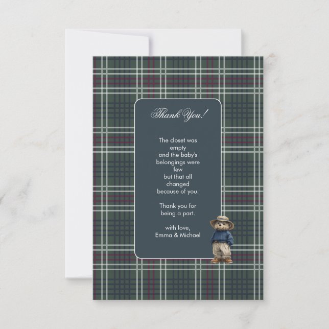 Rustic Tartan Bear Baby Shower Tack för ditt kort (Framsida)