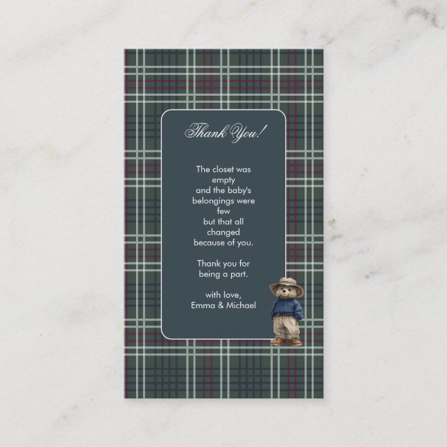 Rustic Tartan Bear Baby Shower Tack för ditt kort (Framsida)