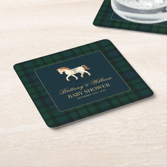 Rustic Tartan Plaid Horse Baby Shower  Underlägg Papper Kvadrat (Vinklad)