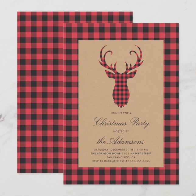 Rustic Tartan Play Reindeer jul Party Inbjudningar (Fram/baksida)