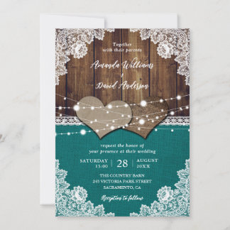 Rustic Teal Barn Wood Burlap Snöre Bröllop Inbjudningar