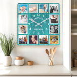 Rustic Teal Barn Wood Farmhouse 12 Photo Collage Fyrkantig Klocka<br><div class="desc">Visa dina omhuldade familjeminnen med den här fina tealfärgade lavagets väggklocka. Den här personligen har en design och plats för 12 av dina favoritfoton. Lägg till din familj namn och ett etablerat år för en unik och sentimental beröring. Perfekt för ett bondhus, ett vardagsrum eller sovrum, den här klockan är...</div>