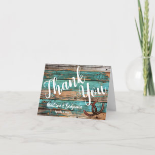 Rustic Teal Barn Wood Horseshoe Bröllop Tack Kort