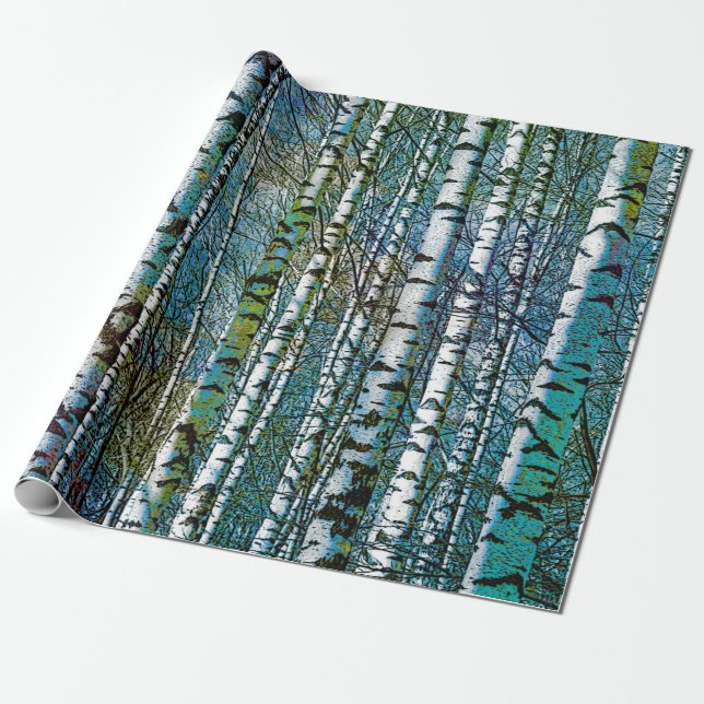 Rustic Teal Birch Träd Presentpapper (Utrullad)