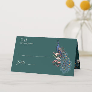 Rustic Teal Blommigt Peacock Bröllop Placeringskort