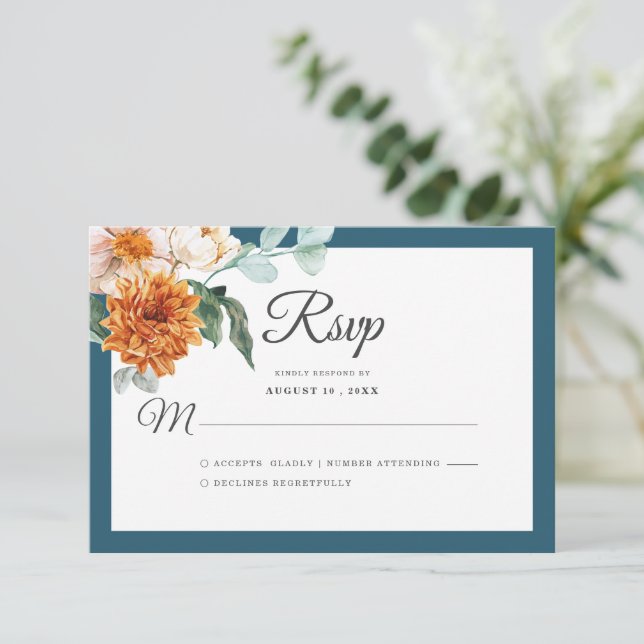 Rustic Teal Blue Burnt Orange Blommigt Fall Weddin OSA Kort (Stående Fram)