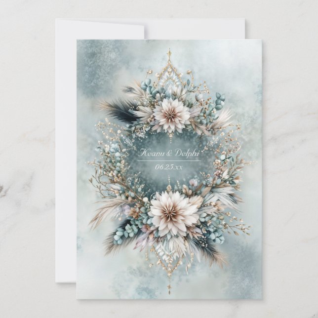 Rustic Teal Blue Feather White Floral Wedding Inbjudningar (Framsida)