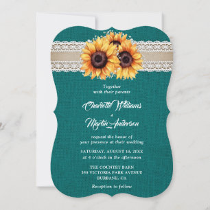 Rustic Teal Burlap Snöre Solros Bröllop Inbjudningar