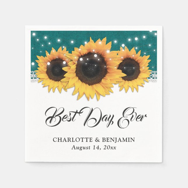 Rustic Teal Burlap Snöre Solros Bröllop Pappersservett (Framsidan)