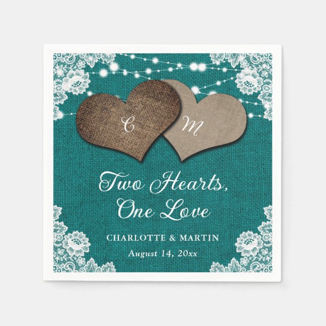 Rustic Teal Burlap Snöre String Ljus Bröllop Pappersservett (Framsidan)