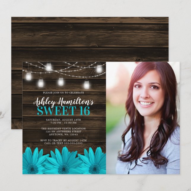 Rustic Teal Daisy Mason Burk Ljus Sweet 16 Foto Inbjudningar (Fram/baksida)
