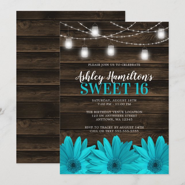 Rustic Teal Daisy Mason Burk Ljus Sweet 16 Inbjudningar (Fram/baksida)