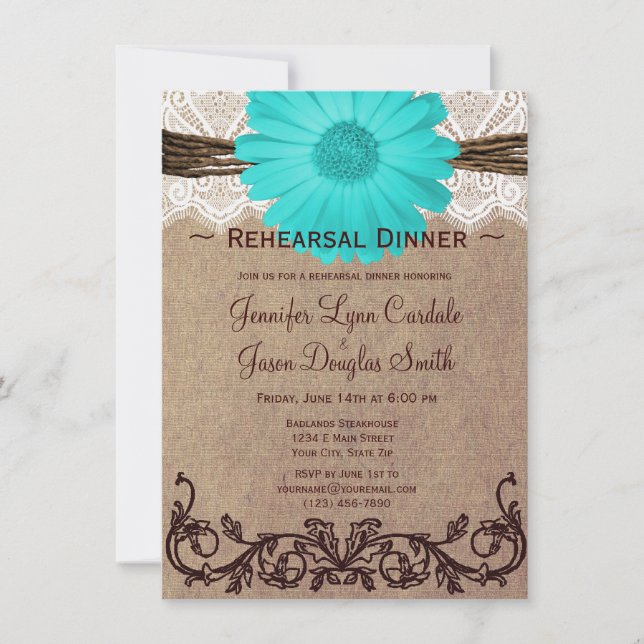 Rustic Teal Daisy Rehearsal Dinner Inbjudan (Framsida)