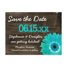 Rustic Teal Daisy Wood Save Date Postcards