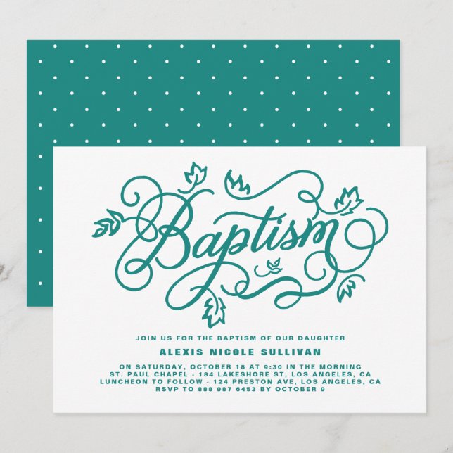 Rustic Teal Foliage Lettering Baptism Inbjudningar (Fram/baksida)