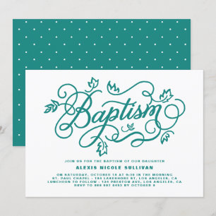 Rustic Teal Foliage Lettering Baptism Inbjudningar