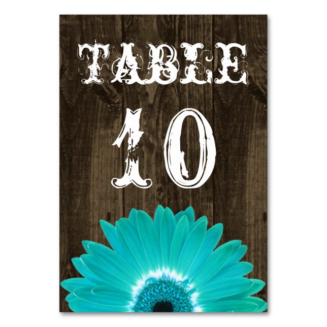 Rustic Teal Gerber Daisy Bröllop Bordsnummer Card (Framsidan)