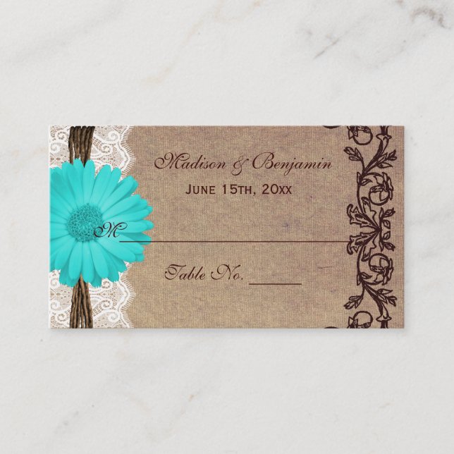 Rustic Teal Gerber Daisy Bröllop ortkort Placeringskort (Framsida)