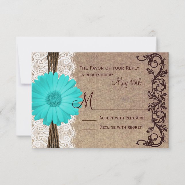 Rustic Teal Gerber Daisy Snöre Bröllop OSA Card (Framsida)