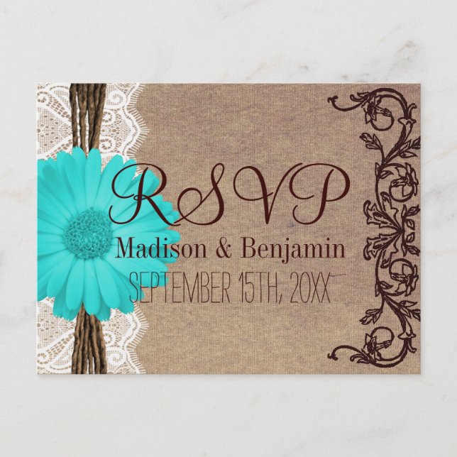 Rustic Teal Gerber Daisy Snöre OSA POSTCARDS Inbjudan Vykort (Framsida)