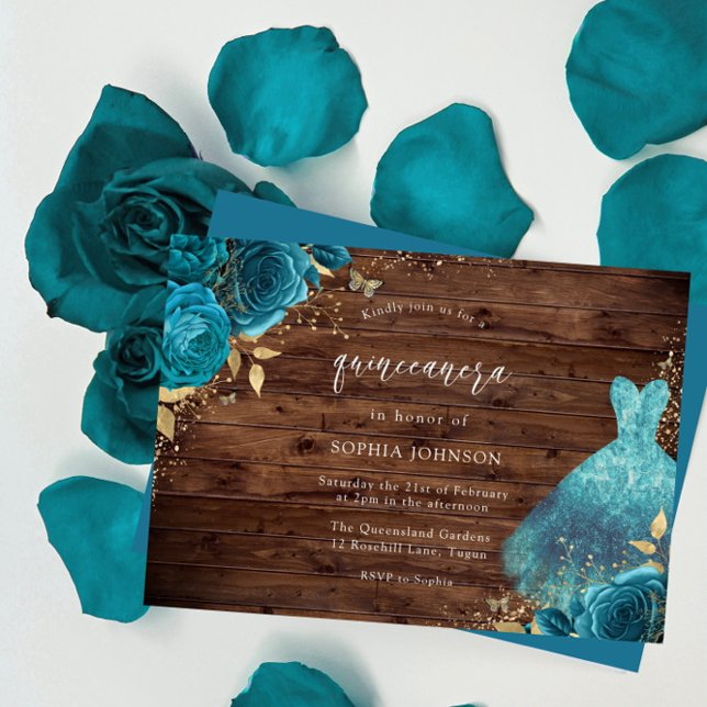 Rustic Teal Gnistra Dress Ro Quinceanera Party Inbjudningar (Skapare uppladdad)