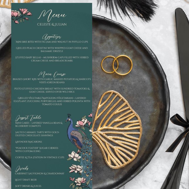 Rustic Teal Grönt Blommigt Peacock Bird Bröllop Me Meny (Rustic Teal Green Peacock Chinoiserie Wedding Menu for Wedding, Bridal Shower, Rehearsal Dinner.)