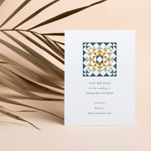 Rustic Teal Grönt Geometric Quilt Bröllop Spara Datumet