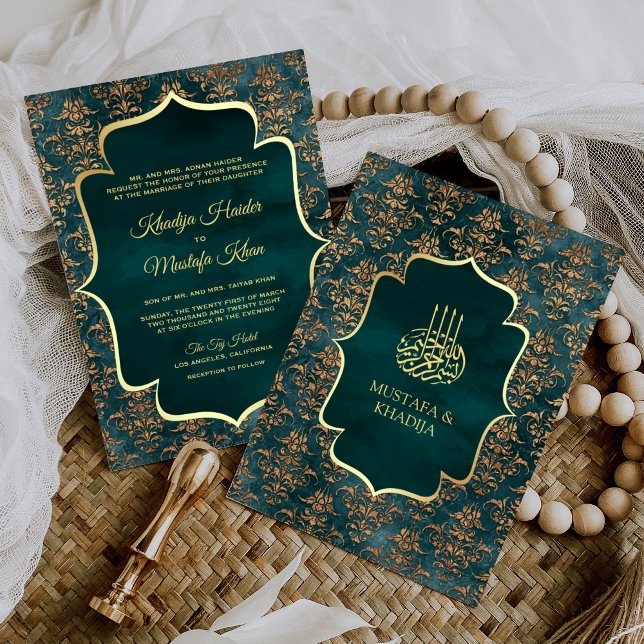 Rustic Teal Guld Damask Muslim Bröllop Inbjudningar (Skapare uppladdad)