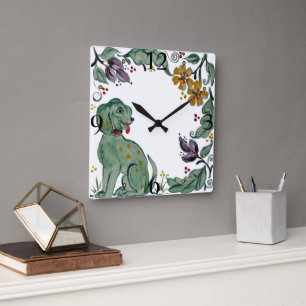 Rustic Teal Hund Puppy Blommigt Folk Stil Tile Fyrkantig Klocka