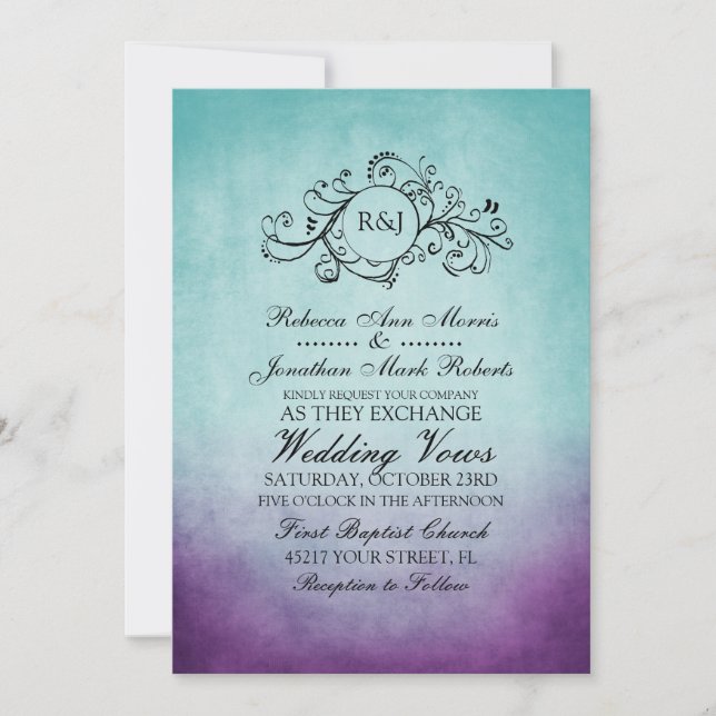 Rustic Teal Lila Bohemian Wedding bjudande Inbjudningar (Framsida)