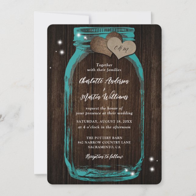 Rustic Teal Mason Burk Wood bröllopsinbjudan Inbjudningar (Framsida)