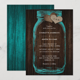 Rustic Teal Mason Jar Wood Hearts Monogram Wedding Inbjudningar