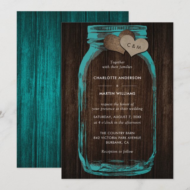 Rustic Teal Mason Jar Wood Hearts Monogram Wedding Inbjudningar (Fram/baksida)