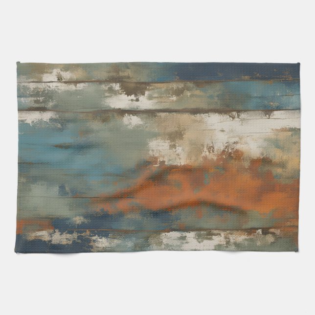 Rustic Teal Orange Beige Farmhouse Rand Kökshandduk (Horisontell)