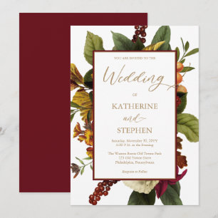 Rustic Teal ORANGE Red Blommigt Bouquet Bröllo Inbjudningar
