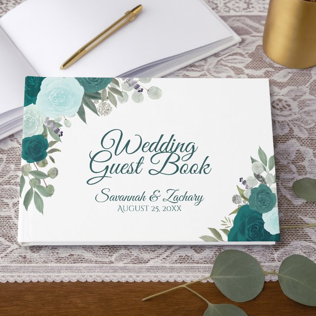 Rustic Teal Ro Elegant Blommigt Boho Bröllop Gästböcker (Skapare uppladdad)