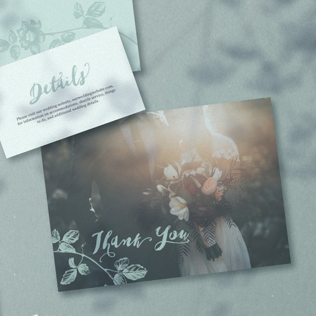 Rustic Teal Script Photo Bröllop Tack Kort (Rustic Whimsical Floral Wedding thank you card)
