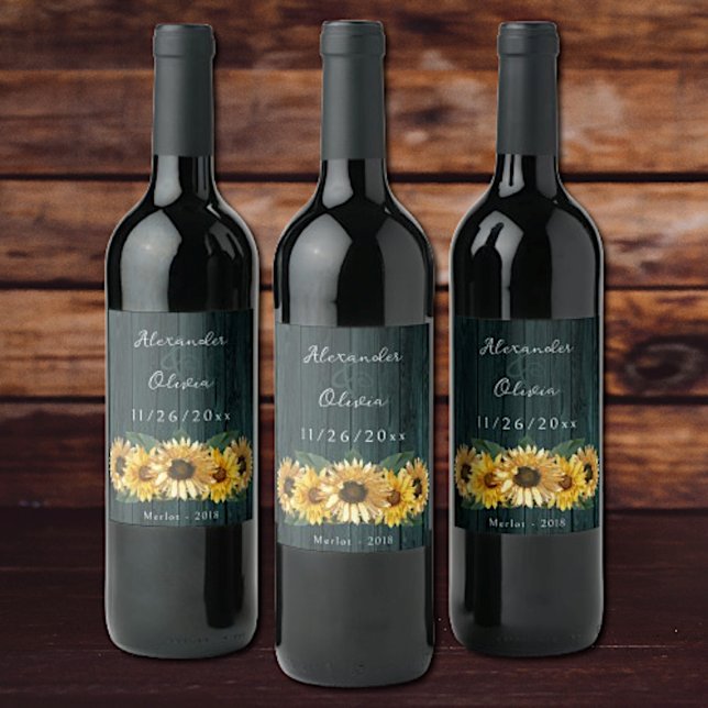Rustic Teal Solros Bröllop Vin-etikett Vinflaska Etikett (Rustic Teal Sunflower Wedding Wine Label)