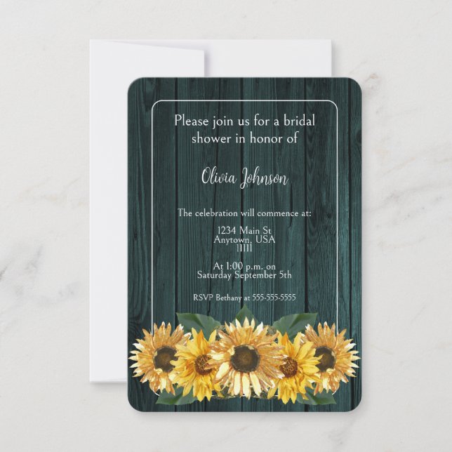 Rustic Teal Solros Möhippa Inbjudningar (Framsida)