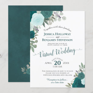 Rustic Teal Watercolor Blommigt Virtuellare Bröllo Inbjudningar