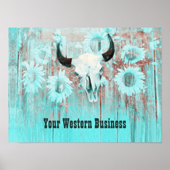 Rustic Teal Western Bull Skull Solblommor på trä Poster (Framsidan)