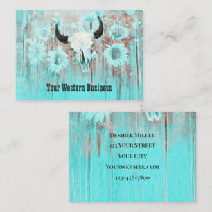 Rustic Teal Western Bull Skull Solblommor på trä Visitkort