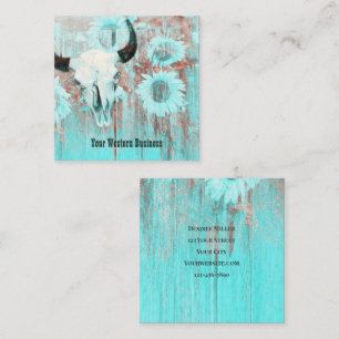Rustic Teal Western Land Bull Skull Solblommor Fyrkantigt Visitkort