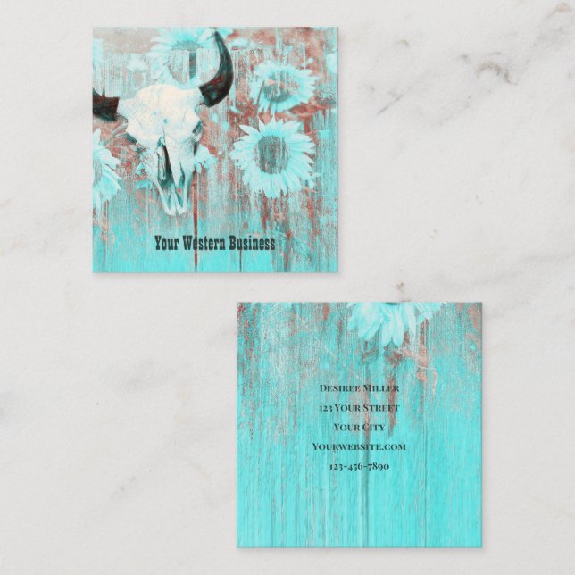Rustic Teal Western Land Bull Skull Solblommor Fyrkantigt Visitkort (Fram/baksida)