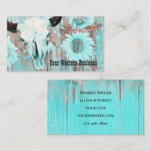 Rustic Teal Western Land Bull Skull Solblommor Visitkort